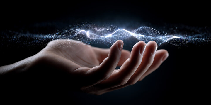  Gesture-controlled music visualization with pulsing EQ and waveform arcs.
