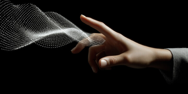  Gesture-controlled music visualization with pulsing EQ and waveform arcs.
