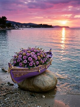Purple boat filled with roses on a beach at sunset