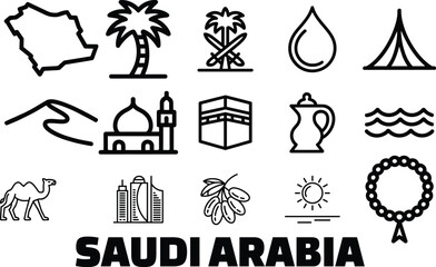 Fototapeta premium Saudi Arabia national heritage icons, line art symbols featuring map, palm tree, desert dune, mosque, oil drop, and traditional in outline style
