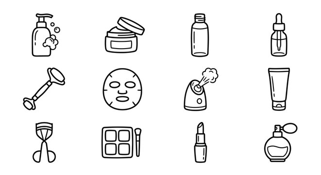 Hand-drawn beauty and skincare icons: face roller, mask, serum, lipstick, and more