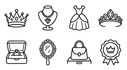 Royal Icons Set: Crown, Tiara, Necklace, Dress, Ring, Mirror, Handbag, Award © keenan