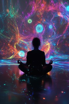 A meditative portrait of an individual sitting cross-legged, with their thoughts materializing as glowing, colorful orb and swirls.