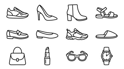 Obraz premium Fashion Accessories and Footwear Icons Set: Shoes, Bag, Lipstick, Sunglasses, Watch