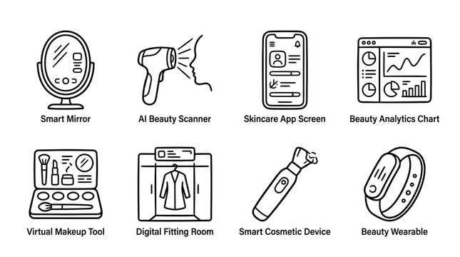 Beauty Tech Icons: Smart Mirror, AI Scanner, Skincare App, Analytics, Makeup, Fitting Room, Device, Wearable