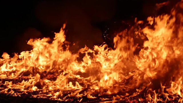 Intense Fire Flames Burning Brightly at Night.