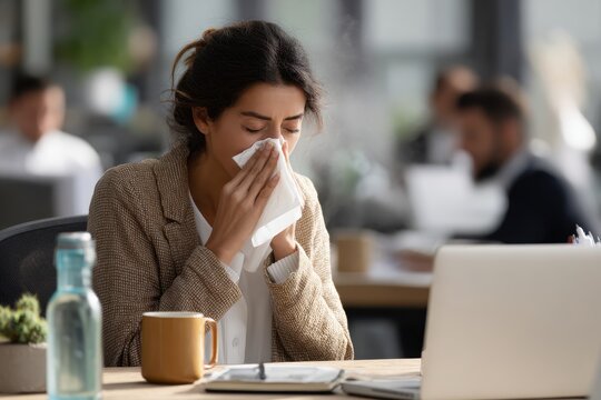 Office scene with a female worker experiencing flu symptoms, coughing and sneezing, tissue in hand, laptop open, hot tea nearby