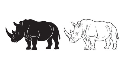 rhinos in black silhouette and white line art featuring rhino, animal, mammal with horn © Shamsul