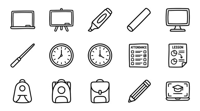 School and Education Icons: Blackboard, Laptop, Clock, Backpack, Pencil, Marker, Lesson Plan