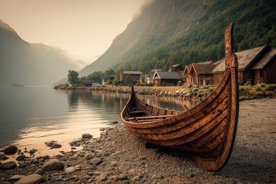 Old Viking longship moored by a Nordic fjord village during golden hour