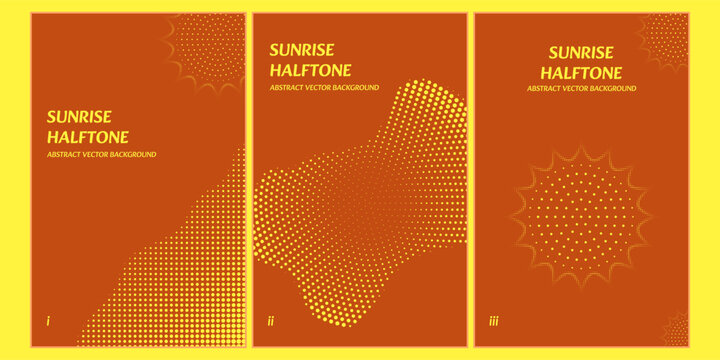 Retro abstract sunrise wave halftone vector background set, geometric sunset vector background design