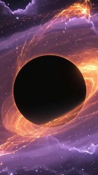 Vertical video: Brightening orange ring circling black disk sending plasma arcs in deep space
