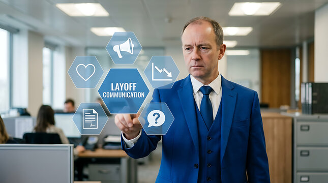 Businessman in blue suit interacting with layoff, employment icons in modern office