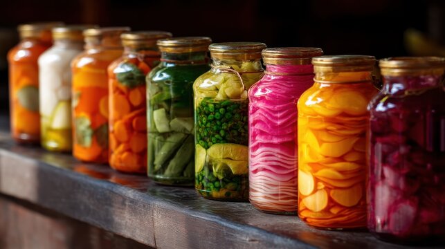 Rows of glass jars filled with colorful pickled vegetables on a wooden table. Homemade preserved food for healthy nutrition. Traditional fermentation and canning concept. Organic pantry.