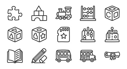 Fototapeta premium Collection of hand-drawn kindergarten and preschool toys and learning icons