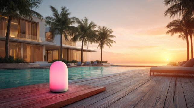 Modern smart lamp with glowing light on wooden deck near swimming pool at sunset. Concept of home automation and ambient lighting for luxury villa terrace in tropical environment.