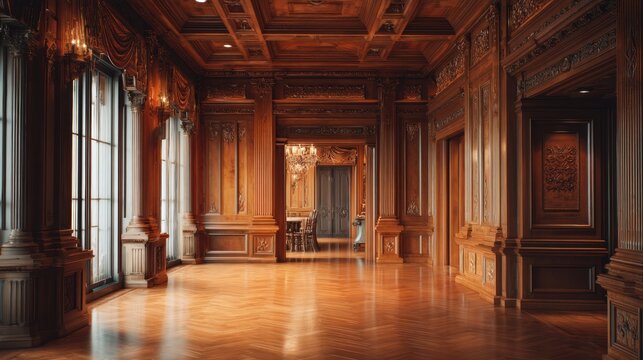 Classic wooden interior of a luxury estate with ornate panelling and herringbone floor. Prestigious mansion hall with intricate carvings. Elegant architecture and grand room design.