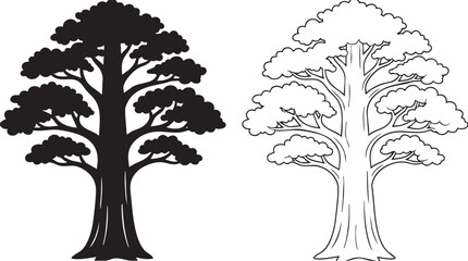 tree with detailed branches and leaves in black and white featuring silhouette, outline © Shamsul