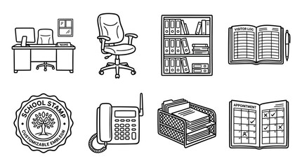 Office Supplies Icons: Desk, Chair, Bookshelf, Phone, Files, Calendar, Stamp © keenan