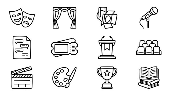 Theater and performance icons: drama masks, stage, spotlight, microphone, tickets, podium, seats, clapperboard, palette, trophy, books.