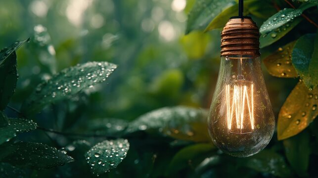 Glowing light bulb hanging outdoors in greenery. Concept of eco friendly energy and sustainable innovation. Nature inspired lighting solution for garden decor or sustainable lifestyle.