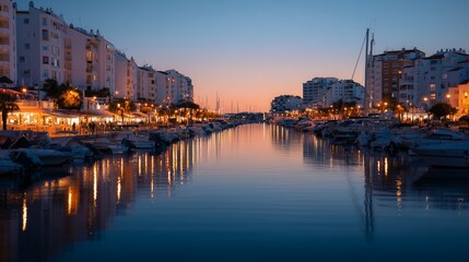 Fototapeta premium A serene marina scene at dusk featuring boats and an illuminated promenade with buildings reflecting in calm waters.