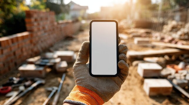 Outdoor building scene featuring a bricklayer with a blank-screen smartphone over a concrete ground