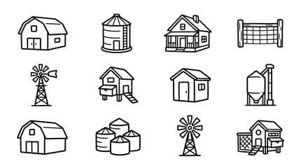 Farm Icons: Barn, Silo, House, Windmill, Chicken Coop, Fence - Hand Drawn Set © keenan