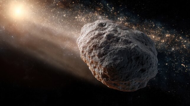 Huge asteroid flying through deep space near a glowing galaxy. Celestial rock fragment moving in the universe. Scientific discovery of minor planet in orbit. Astronomy and cosmic concept.