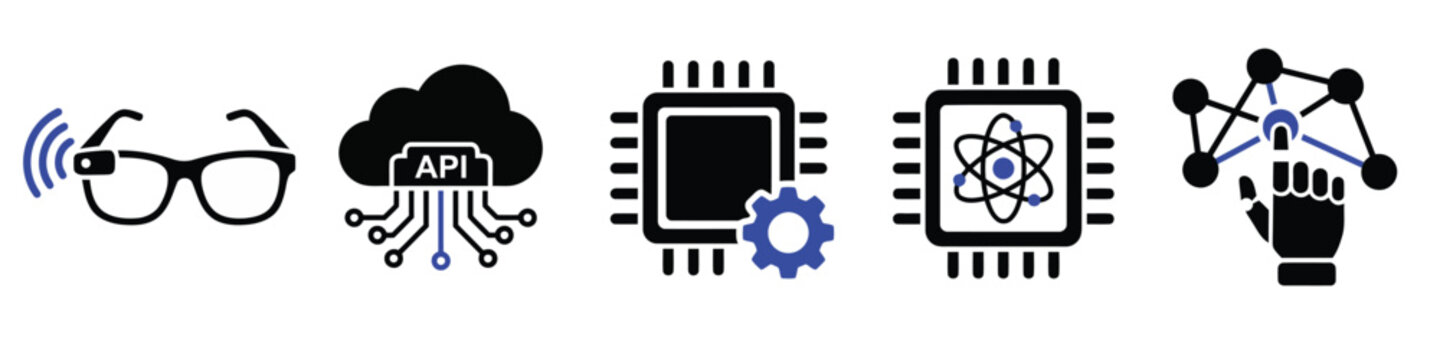Set of five modern technology icons showing smart glasses api cloud processing cpu settings atomic processor and neural network hand interaction for digital development.