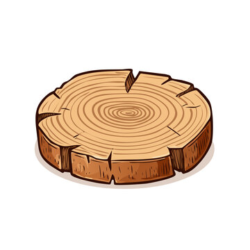 Round tree trunk slice with growth rings and cracks, isolated illustration