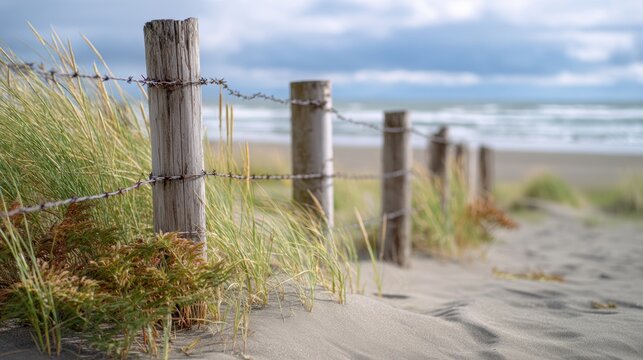 Barbed wire fence along a sandy beach with dune grass. Coastal landscape scenery on a cloudy day. Concept of boundaries, nature protection and seascape background for outdoor travel.