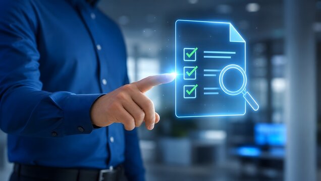 Businessman hand touching virtual screen with document and magnifying glass icon for online quality assessment survey.