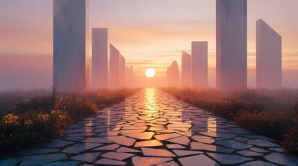 Obraz premium Stone path leading towards architectural monoliths at sunset. Surreal landscape with geometric pillars and glowing horizon. Concept of journey, future, mystery and spiritual destination.
