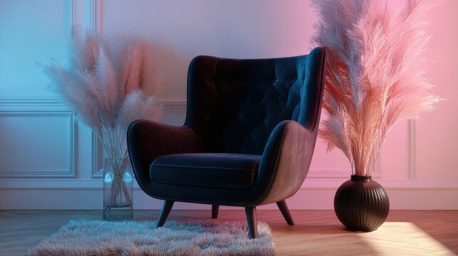 Stylish black armchair in modern living room with neon blue and pink lighting. Decorative pampas grass in vases on wooden floor. Contemporary interior design concept for home comfort.