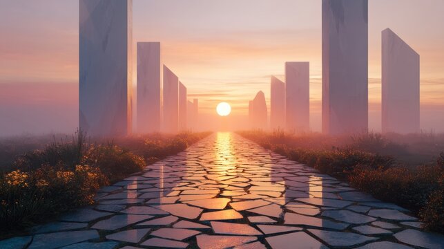 Stone path leading towards architectural monoliths at sunset. Surreal landscape with geometric pillars and glowing horizon. Concept of journey, future, mystery and spiritual destination.