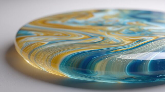 Abstract glass disc with swirling blue and gold patterns. Macro view of polished resin art. Decorative interior object with fluid marble texture and sparkling glitter details.