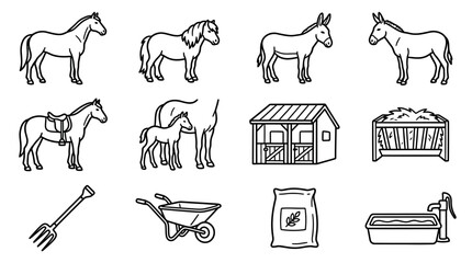 Farm Animals and Equipment Icons: Horse, Donkey, Foal, Stable, Hay, Pitchfork, Wheelbarrow © keenan