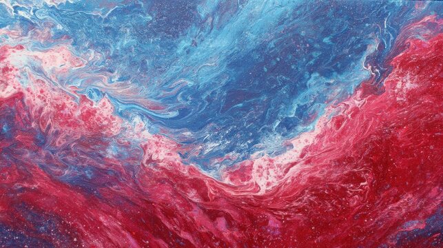 Abstract acrylic pour painting with swirling blue and red color waves. Fluid art texture design. Modern artistic background with marble effect for creative project and interior decor.