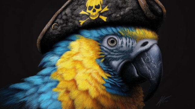 Blue and yellow macaw wearing a pirate hat with skull and crossbones symbol. Concept of tropical adventure and nautical theme for costume party or pirate celebration. Close up portrait.