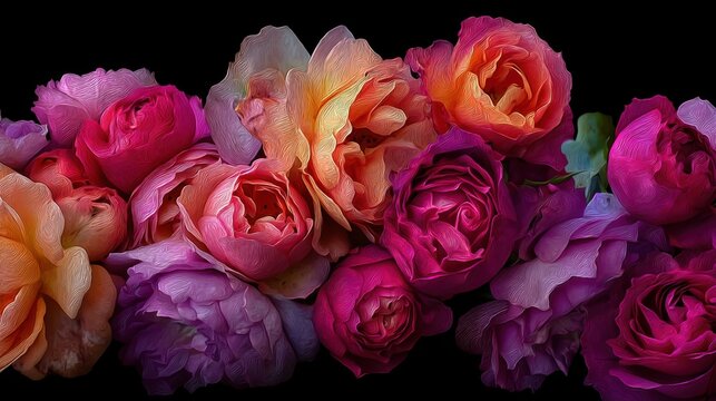 Bouquet of vibrant multicolored roses on black background. Floral arrangement with artistic oil paint texture. Artistic botanical backdrop for greeting card, celebration and wedding.