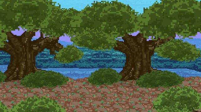 Pixel art animation of a forest with a river and trees, vintage.