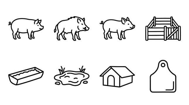 Farm Animal Icons: Pigs, Pen, Feeder, Pond, Shelter, Tag - Line Art Set