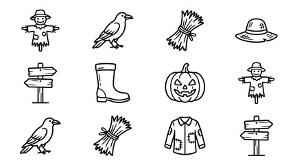 Autumn Harvest Icons: Scarecrow, Raven, Pumpkin, Hay Bales, Boot, Hat & Signpost © keenan