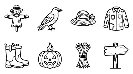 Autumn Harvest Icons: Scarecrow, Crow, Pumpkin, Boots, Hay, Sign, Hat, Shirt © keenan