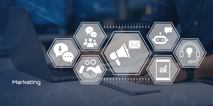 Modern digital marketing strategy with social media, email, CRM, analytics, customer service, and online advertising tools on a business desk