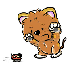 Fototapeta premium Cute cat standing up and scaring a toy car cartoon illustration