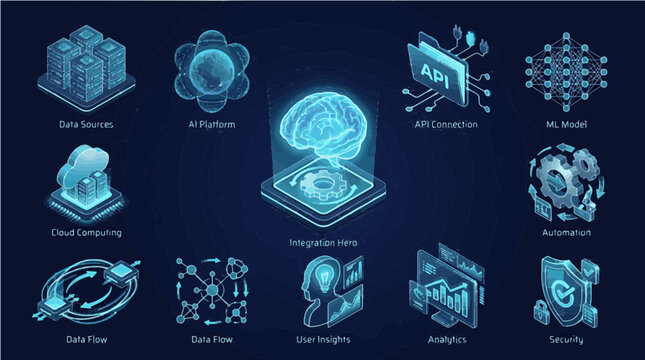 Glowing blue isometric cybernetic brain platform for AI platform and API connection diagram