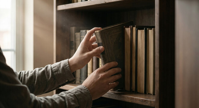 Hands taking an antique holy book from a wooden shelf in a sunlit library