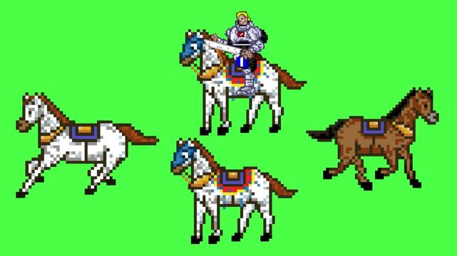 Pixel art animation of four horses in various poses one with a mounted rider holding a sword on a green background, animal, art, vintage.
